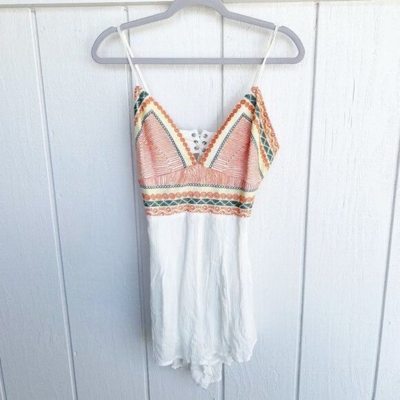 Lulumari White Orange Embroidered Tie Romper Women's Size Large L - Picture 1 of 8